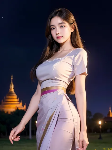 a solo beautiful princess, elegant, detailed, pretty, (rubenesque), (bagan pagoda background), (night sky), full moon, myanmar t...