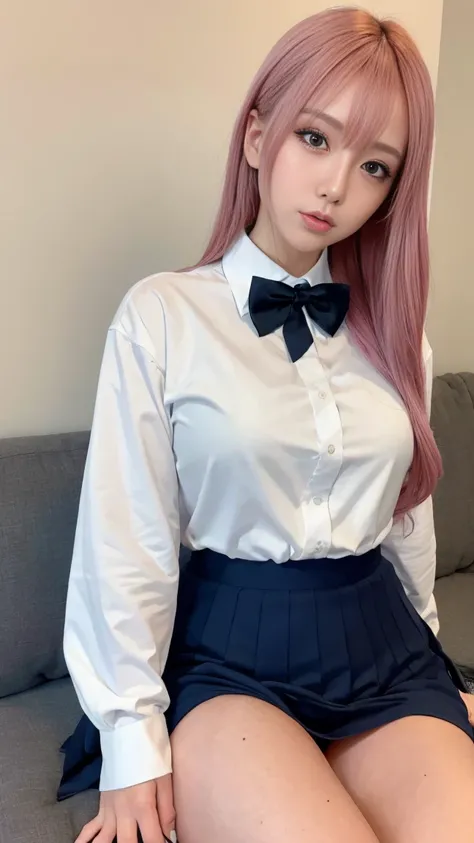 Masterpiece, High Resolution, Ultra High Resolution, 4K, chubby, ground level shot, from blow, pink hair, ahe ago, Sticking out tongue, Navy Blue pleated Skirt, White dress shirt, long sleeves, bow ribbon,Highlighted Thighs, White Thighs, Soft Thighs, Shin...