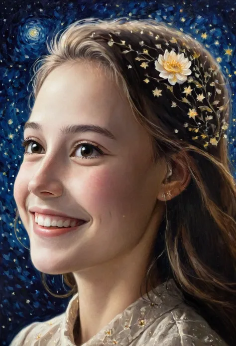 Flying Petals, (Double Exposure), Portrait of a smiling young girl with a side face,  starry night ,