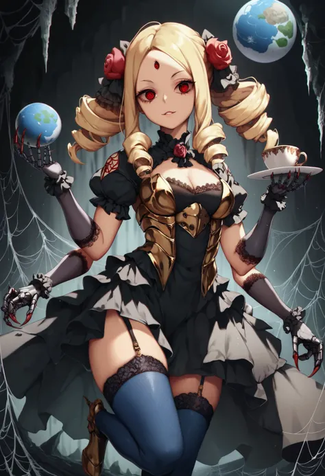 Spider girl. Lady. Twin drill hair. Blonde hair. Red eyes. Horror eyes. Black and Gold dress. Frills. Dark fantasy. Multiple arms. Sharp claws. armor chest. Insect legs. Lace gloves. Metallic Blue globe. Metallic Blue tights. Spider eyes on forehead. Scorn...