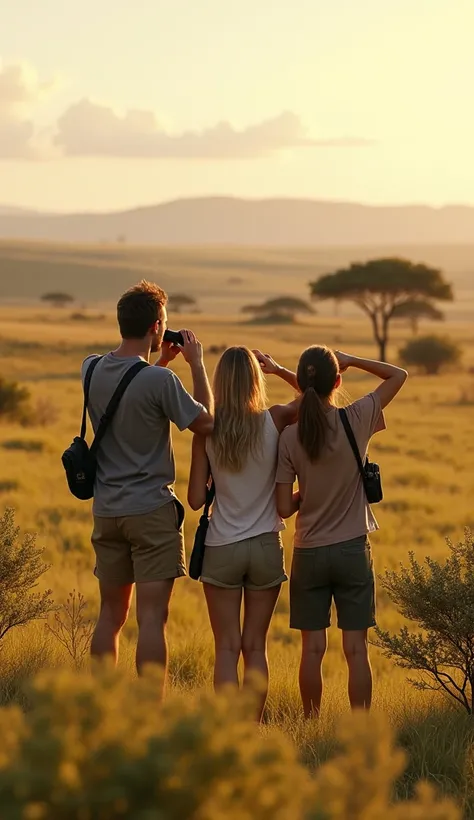 Three friends, Alex, Sarah, and Jack, standing together, looking out at the savannah with binoculars and excited expressions.
