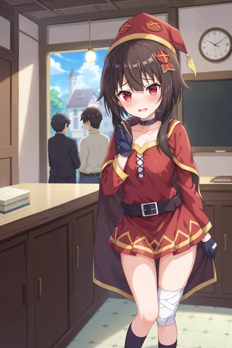 NSFW,masterpiece, best quality, high definition , Very detailed,Megumin( bless this wonderful world), short hair、 black hair、Red Eye、 side lock、 long rock, Knee Socks 、gloves、hat、 Red Dress 、黒いgloves、belt、黒い Knee Socks 、指なしgloves、Cape、first round、魔女のhat、ba...