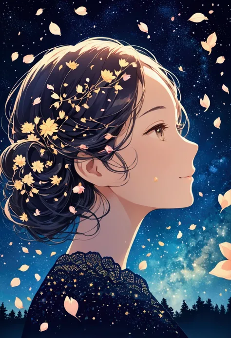 Flying Petals, (Double Exposure), Portrait of a smiling young girl with a side face,  starry night ,