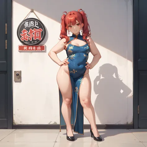 from front, full body, look at viewer　ok sign　no background　 red hair　 china dress　Petite　 looking at the camera　　 slightly chubby　 twin tails　hand on own hip　