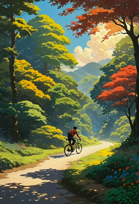 (bike: 1.5), (realistic bike: 1.5), (真实bike手: 1.5), 骑bike的人在前景中, Low-fi landscape, Nature, sun, forest, Liquidation, bush, Landscape background, shadows, contrast, Shinkai Makoto ( best quality:1.3), ( high resolution:1)  Studio Ghibli Artwork,  bright col...