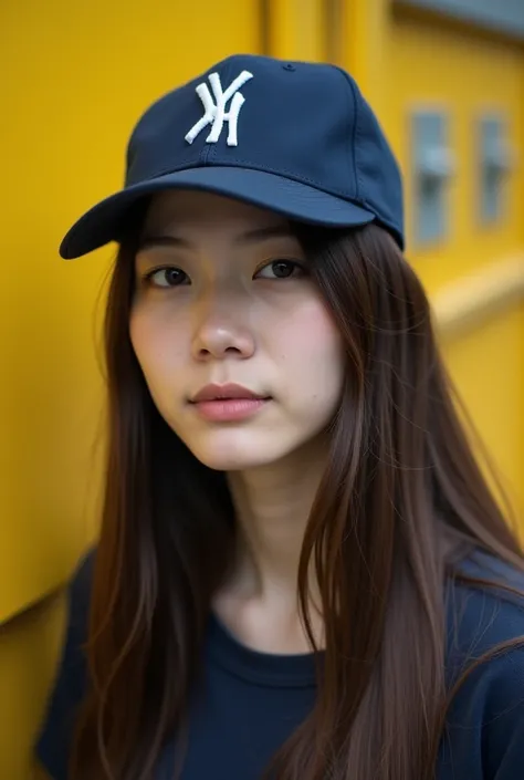 Close up of a young Asian woman standing outdoors. She has a light skin tone and long, straight brown hair that falls past her shoulders. She is wearing a navy blue baseball cap with a white logo on the front and has a neutral expression, with a slight dow...