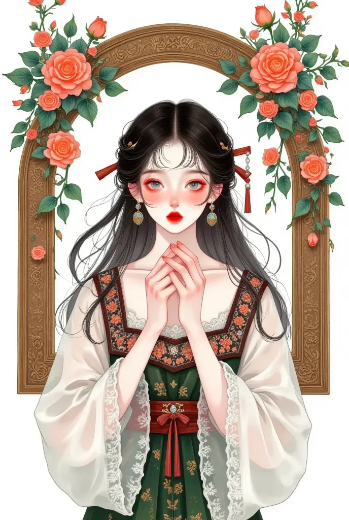 anime girl with long black hair and red lips in front of a mirror,   creates  , palace ，  girl in hanfu,  a beautiful illustrati...