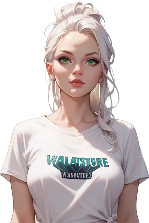 1 woman, long white hair, tied hair, green eyes, wearing t-shirt, masterpiece, high quality, villain look, upper body view, white background, wide view