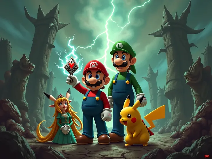 Create me an image with Mario , Zelda,  Luigi and Pikachu with a beautiful background from the game Diablo