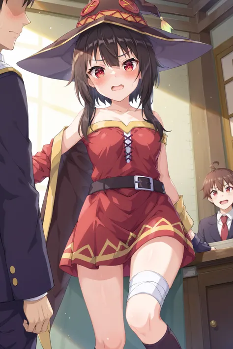 NSFW,masterpiece, best quality, high definition , Very detailed,Megumin( bless this wonderful world), short hair、 black hair、Red Eye、 side lock、 long rock, Knee Socks 、gloves、hat、 Red Dress 、黒いgloves、belt、黒い Knee Socks 、指なしgloves、Cape、first round、魔女のhat、ba...
