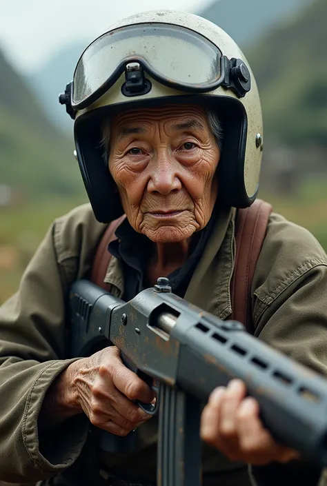 Angry elderly oriental woman and a motocross helmet,  holding a rifle 
