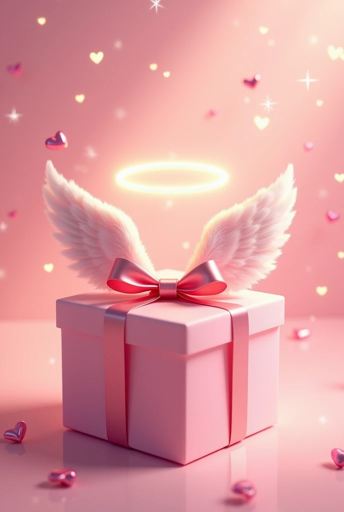 Here’s a detailed prompt to describe the first (pink) gift box:

"Design a pink-themed gift box with a luxurious ribbon bow on top. The box is adorned with angel wings on both sides, colored in soft pink and blending smoothly with the overall theme. A glow...