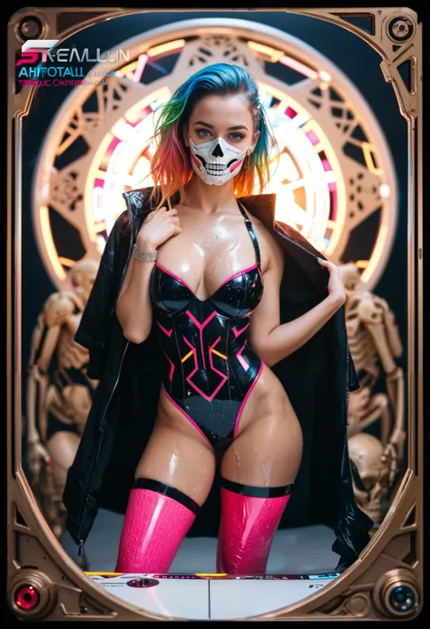 a woman wearing an exo-skeleton mask on a fashion runway, vibrant neon lighting, teenage model, intricate mechanical design, high-tech futuristic cyberpunk style, dynamic pose, dramatic lighting, colorful dystopian background, detailed metal textures, glos...