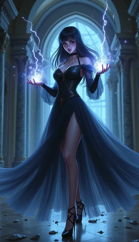 ( Best Quality), Dark fantasy, Hands raised ,  Many Irregular Shaped Lumps of Light Dance Between Hands,  Magical Girl, Big Breasts,  Floating in the air at the side of the body with a sexy pose that exposes the heels , Goethe,  Priest ,  Sexy tulle long d...