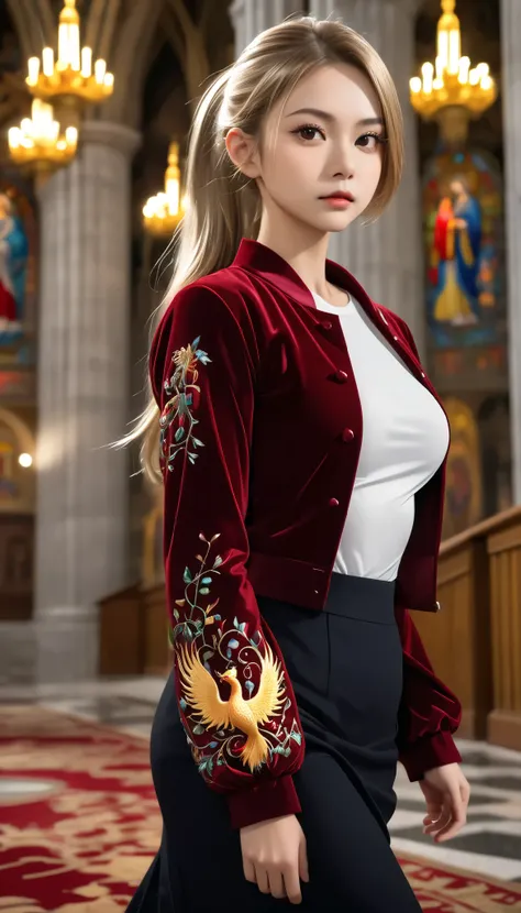 light particles, soft lighting, volumetric lighting, intricate details, finely detailed,1girl, solo, office worker, slim and healthy body, full body shot, (nudity:0.5), (beautiful and small ample breasts:1.5) and a huge waist,blonde hair, long hair, high p...