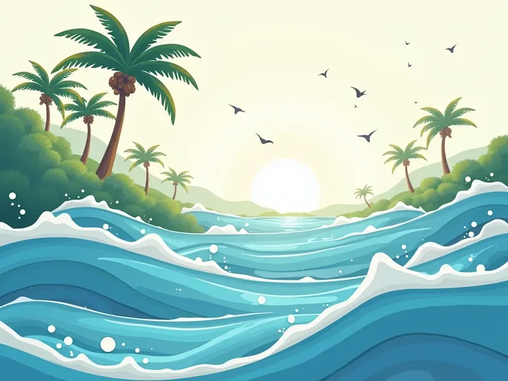 " A representation of the sounds of a tropical aquapark.  Waves of crystalline water transformed into soft blue and white patterns .  The sound of palm trees swaying in the wind appears as curved green and gold lines.  The distant singing of birds is illus...