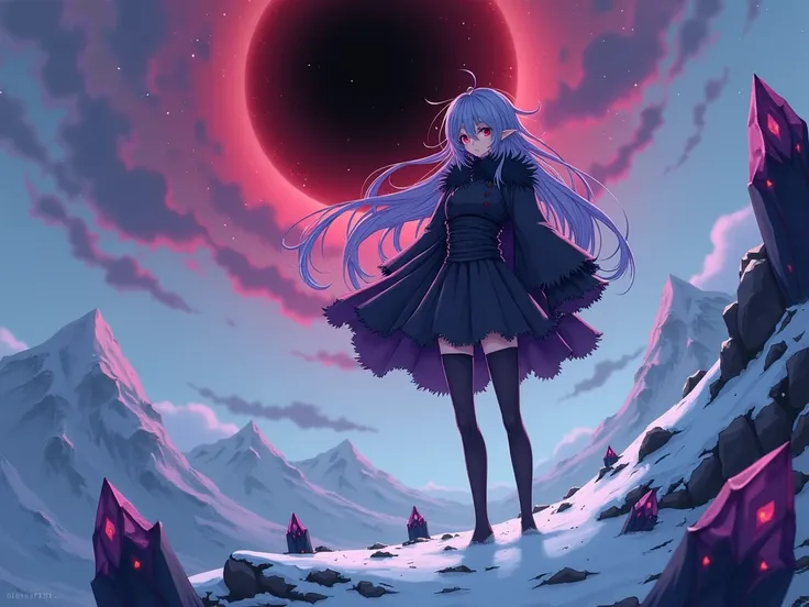 anime, 1 girl, long legs, long arms, pointed ears, red right eye and dark blue left eye, long hair, purplish blue hair, wearing a black hairy hodhe, stockings, has a purplish red aura, serious, standing on a snowy mountain cliff, among the purple-black cry...