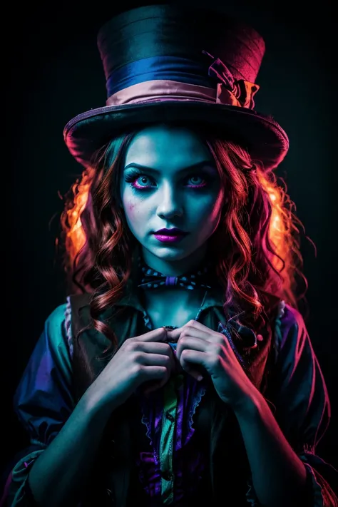 portrait young mad hatter girl,(crazy:1.4),  alice in wonderland , backlight, Dark light,  in dim light , cold colors,  surrealistic art, portrait, nasty, horror, (bright colors:1.4), deep detailed wonderland background, mat hatter makeup horror, bright co...