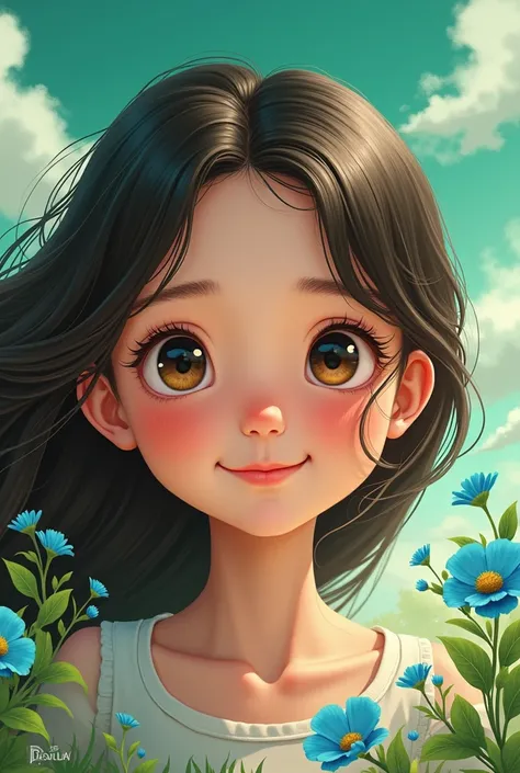 Mx .,  Masterpiece ,  best quality , illustration, Close-up, Straightforward,  focus face, smilecolors, flower, green sky, Clouds, blue , girl with beautiful eyes,