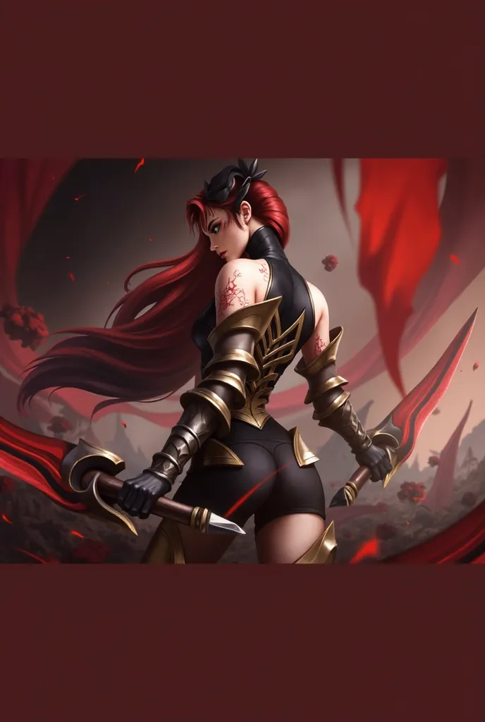 Katarina from League of Legends, detailed red hair, full body shot, back angle view, highly detailed, sensual, dynamic pose, cinematic lighting, hyper-realistic, 8k, intricate detail, beautiful detailed face, beautiful detailed eyes, beautiful detailed lips, extremely detailed facial features, long eyelashes, elegant dress, flowing fabric, shiny metallic elements, moody lighting, dramatic colors, dark fantasy, fantasy art. NSFW