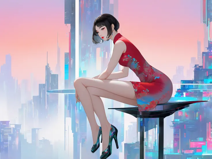 A minimalist, elegant illustration of a single dark haired chinese woman sitting in a futuristic design high stool in front a large glass panel, she wears dangling flat shoes with her foot arch visible, she shows full bare legs , colorful futuristic city b...