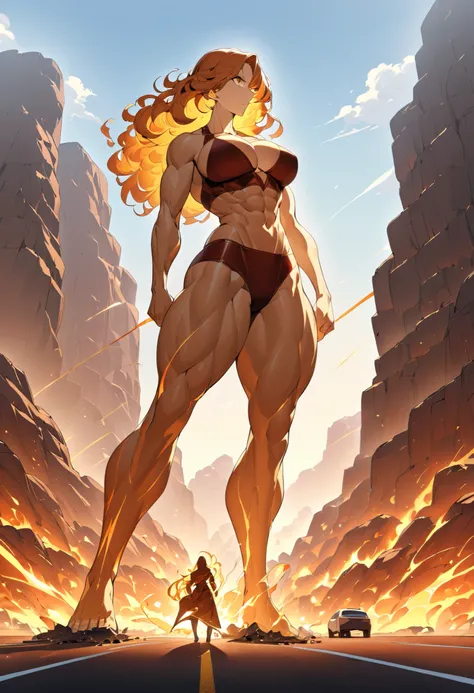   It creates a scene image of an image :  of a female Super Sayajin warrior who is a powerful muscular warrior inspired by a powerful a giant woman a powerful one inspired by Super Sayajin in a setting A warrior woman, huge,  about 7 meters tall ,  walks a...