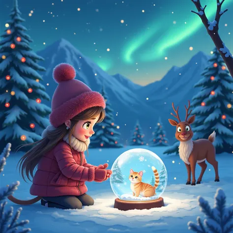  Crystal wayet
 Close-up of a Cat Visible Snow Northern Lights and Snowy Mountains, Reindeer Christmas Trees , New Year&#39;s garlands,  Very Beautiful The Girl Looks in Her Hands and Looking into the Crystal Ball ,  A girl in a hat with a bubon and Warm F...