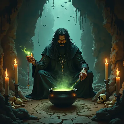 Bhairav, a sinister and ambitious sorcerer, seated in a dimly lit cave filled with mystical symbols. He has long dreadlocks and a thick, unkempt beard. Dressed in tattered black robes, he holds a glowing magical rosary in one hand and a ritual dagger in th...