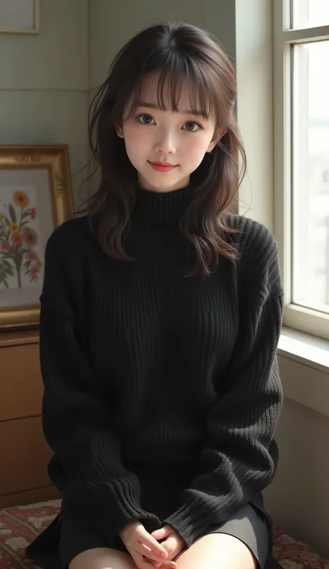 (Thick Black Sweater  : 1.5)、  (sit : 1.5),    complex and beautiful eyes、woman、 Womanly black hair、(  dress : 1.6),   skirt、(  Delicate and realistic hair、１Realistic hair)、bangs、   natural colored lips 、(smile : 1.2)、((white indoor  ))、((18歳woman:1.2))、  ...