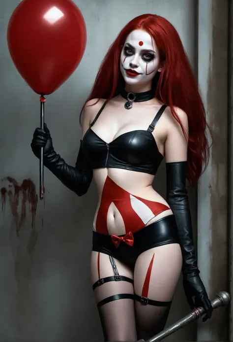  The image of a young woman with small breasts  ,  long red hair and a horror clown makeup . her breasts are bare. She is wearing a corsage   , Briefs , Braces and over the knee boots  ., Social realism, Gothic Art, Fujicolor,  speed lines , kanon,  best q...