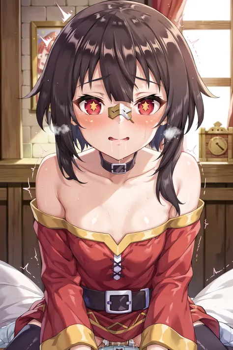 NSFW,masterpiece, best quality, high definition , Very detailed,Megumin( bless this wonderful world), short hair、 black hair、Red Eye、 side lock、 long rock,Sex slave,Hollow Eyes,( ahe face:1.5),blush,Small breasts,Luxurious mansion, chandeliers , party venu...