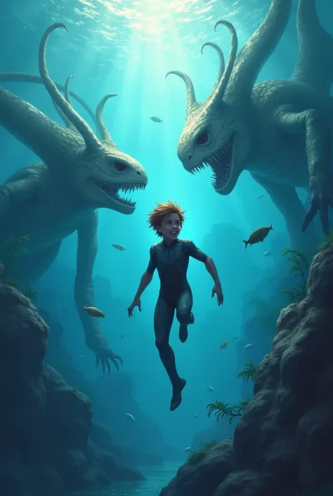 Illustration for a film about a boy, who swims underwater fighting sea monsters