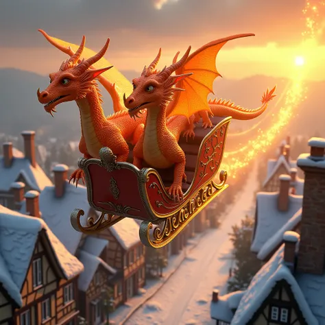 A fiery sleigh pulled by majestic dragons with golden scales, soaring over a snowy English village at sunset