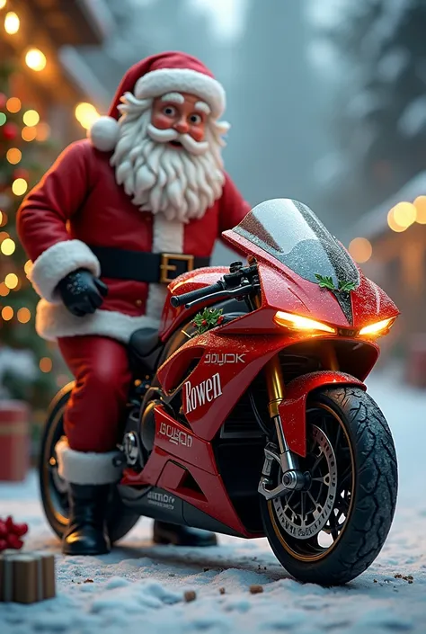 Christmas  motorcycle with the name Rowen on motorcycle with santa standing by motorcycle
