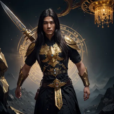 Design a celestial warrior character in Xianxia (Immortal Hero) style, inspired by ancient Chinese mythology, named Zhou Yu. He is tall and majestic, radiating divine power. His golden armor glimmers with celestial energy, adorned with ethereal patterns th...