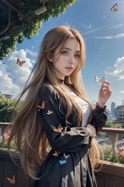 (woman\(student, , jk, long hair, colorful eyes, pale skin，) look up to the sky), (many butterflies flying in the air), beautifu...