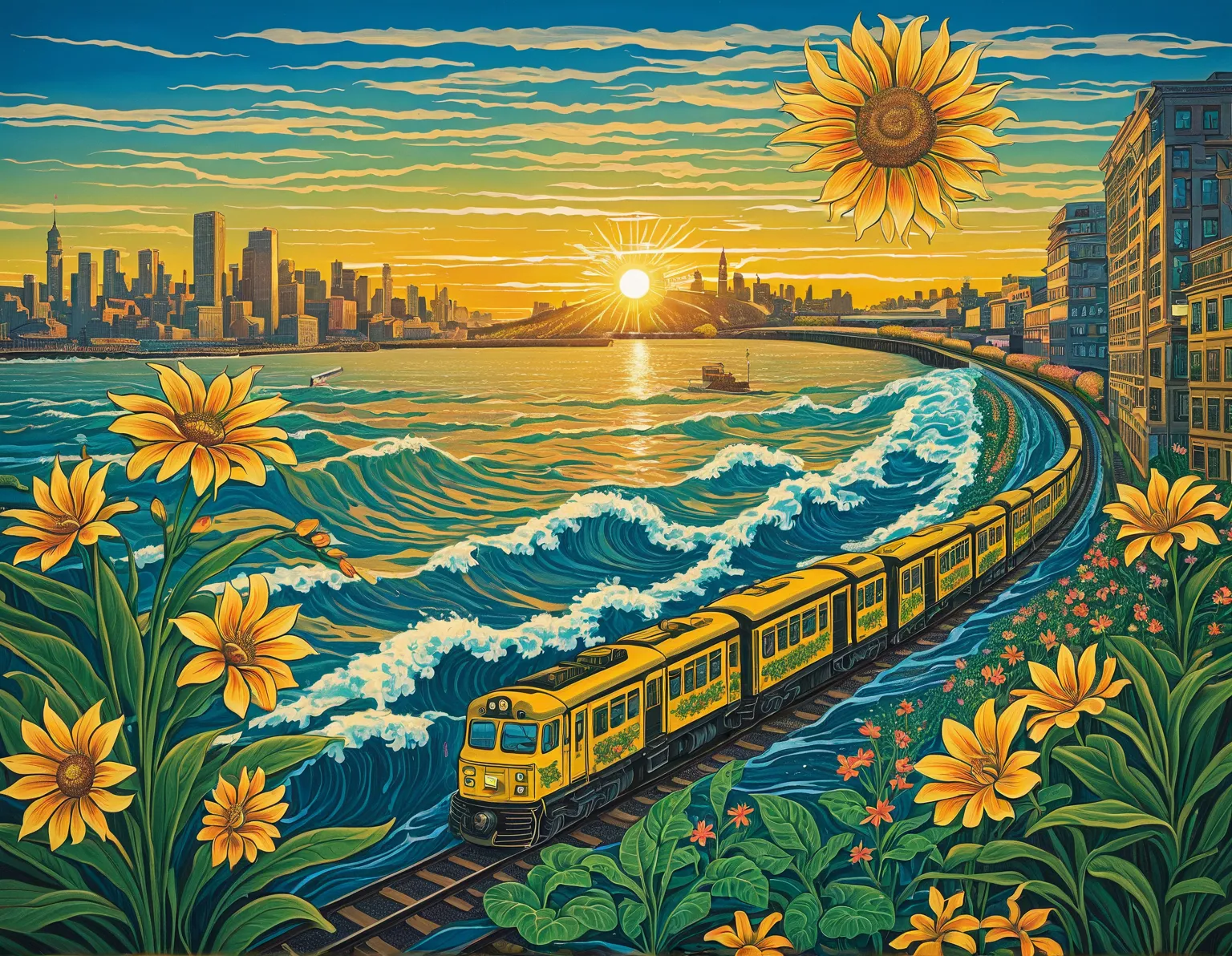 , great wave, flower, city, train, plant, sun