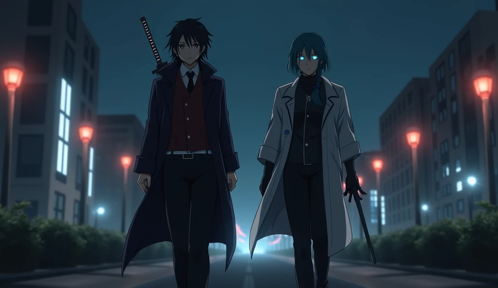  Two friends separated from each other at both ends ,  one a swordsman and the other a shooter ,  with related outfits ,  walking forward with a serious countenance. As background , A night city , dark.  glowing eyes ,  drawing weapons , detailed 3D anime ...