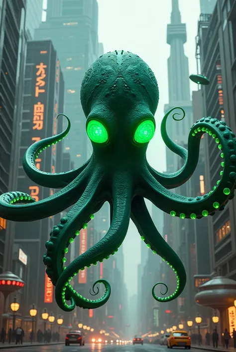 I want an octopus with big bright green alien-style eyes in a future movie city. 