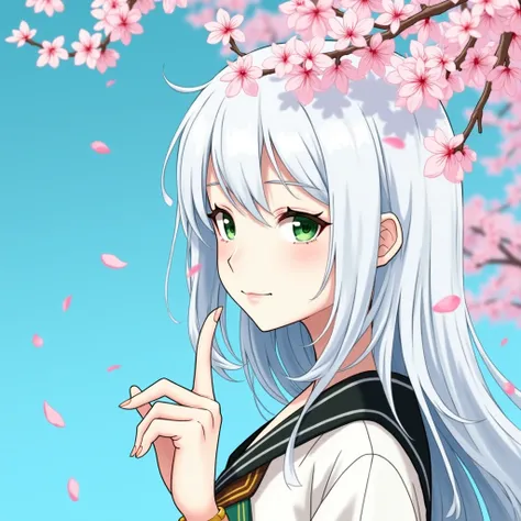 Standing under the cherry blossom tree, a girl with silver hair and emerald eyes raised her hand to signal to keep it a secret. She was a young woman, her eyes slightly narrowed with a slight smile.