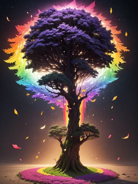 world tree, rainbow, rainbow petals, wind, Light