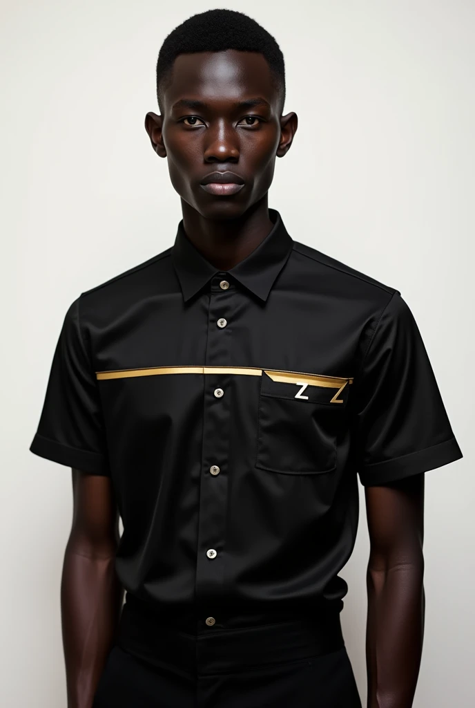 Create a design featuring a young Rwandan man with rich dark skin, exuding confidence and style. He is wearing a sleek black shirt with a striking golden line running horizontally across the chest. The shirt is detailed with subtle yet intricate Z textures...