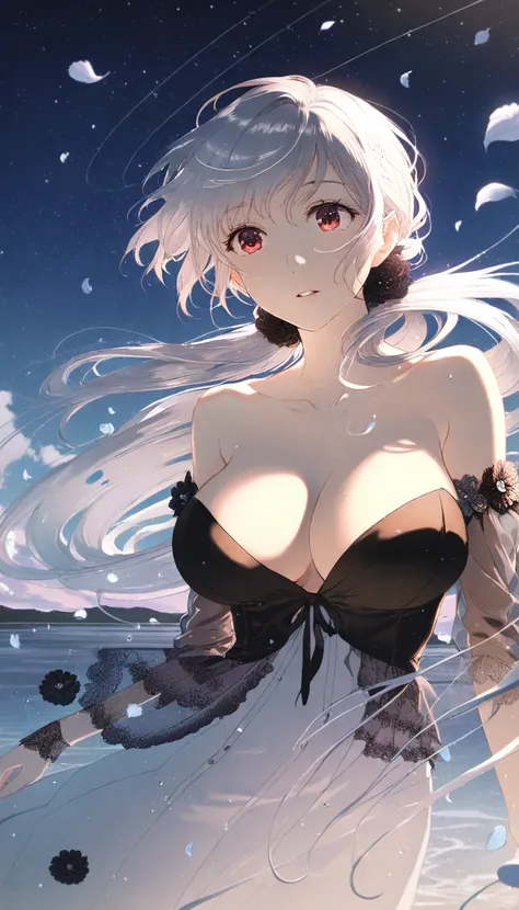 by rella, by Yoshitaka Amano, 1girl, 
beautiful face, parted lips, cleavage, splashing collarbone, detailed White Silver long hair, floating hair, wind effect, huge boobs, ruby red eyes, black widow spider noble princess,
strapless, bare shoulders, open sh...