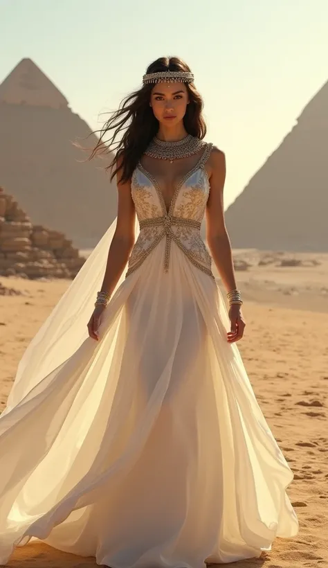  Beautiful white agypt princess ,  wears beautiful and sexy royal dress, pyramid background  