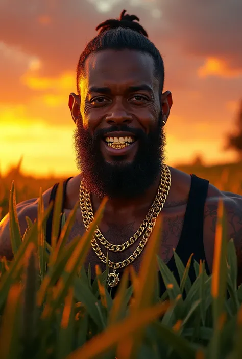 Man with beard gold teeth gold chain sunset packets grass sunset 