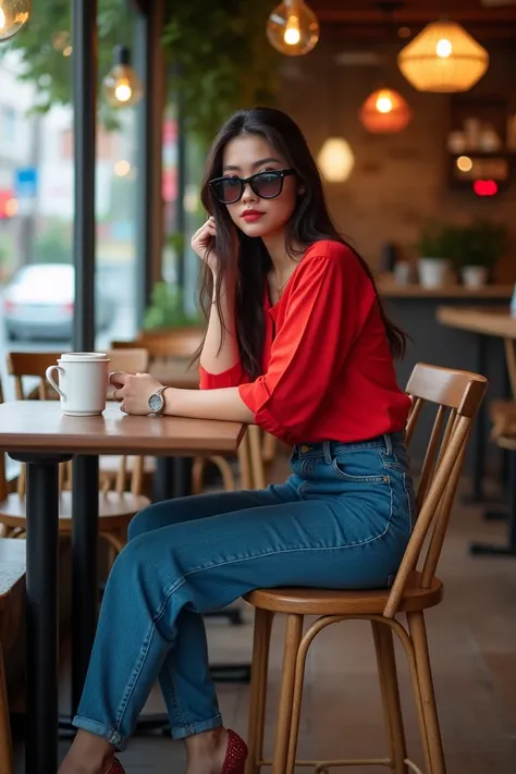 Long haired Indonesian woman wearing a red shirt wearing jeans wearing high heels wearing sunglasses is sitting in a coffee shop on the side of the road and there is a coffee cup next to her face appears to be looking at the camera