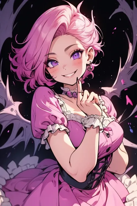 Perfect face. Perfect hands. A short pretty petite pink haired woman with violet in a frilly pink dress is smiling while flirtng in a Gothic castle
