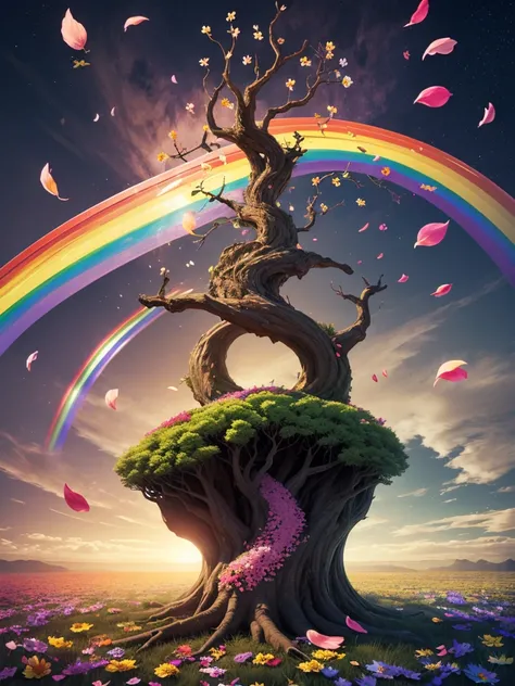 Yggdrasil, rainbow, (rainbow petals:1.4), Wind, Light