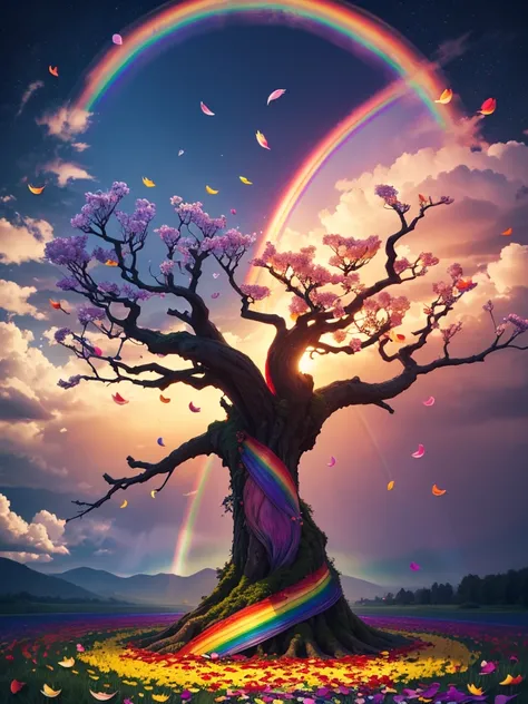 Yggdrasil, 1 rainbow, (rainbow petals:1.6), Wind, Light