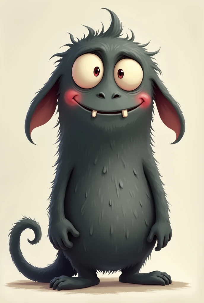 Create a cute monster in black and gray with droopy ears and big eyes with a long tail and a smiling one 